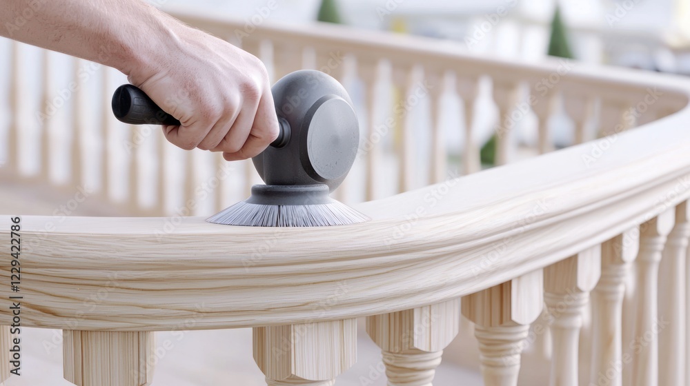 Fototapeta premium Man Sanding Light Wood Balustrade Outdoors