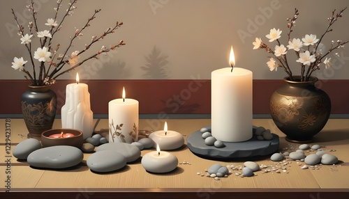 Una vela blanca encendida sobre una mesa con piedras lisas y flores secas al fondo