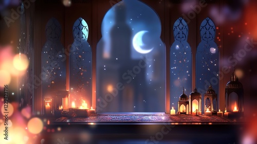 Ramadan Kareem, mosque and moon background, place text greeting banner. with holiday lantern candles and bokeh lights create a cozy and festive atmosphere