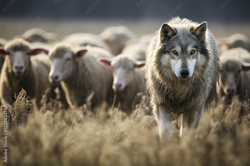Fototapeta premium Wolf with herd of sheep in background. KI generiert, generiert AI generated