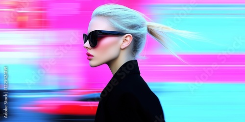 Stylish Blonde Woman in Black Coat and Sunglasses Walking Through Vibrant Neon Cyberpunk City With Motion Blur and Futuristic Aesthetic