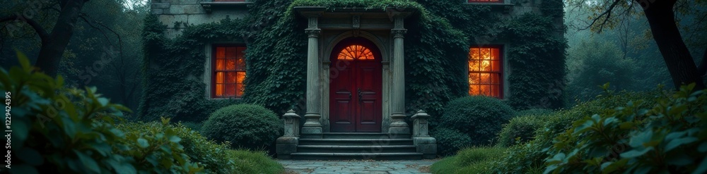The grand entrance of a mansion with a creepy door, eerie welcome, overgrown bushes The grand entrance of a mansion with a creepy door, eerie welcome, overgrown bushes