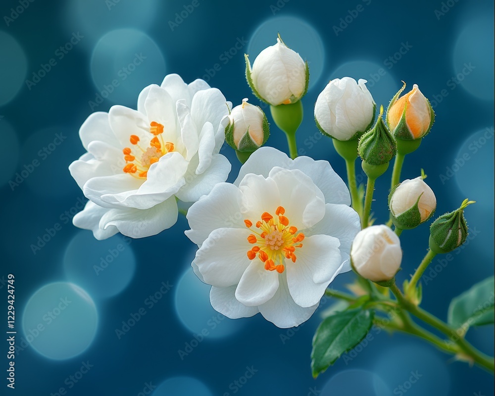 Fototapeta premium White Roses in Bloom A Close-Up View of Delicate Petals, Orange Pistils, and Lush Green Leaves
