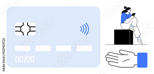 Large credit card with contactless payment waves, seated person using tablet, open hand gesture. Ideal for finance, banking, e-commerce, technology, online shopping, digital security consumer