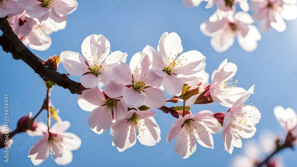 Obraz premium Blooming cherry blossoms with soft pink petals against a clear blue sky, with delicate sunlight filtering through, AI generated