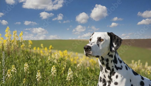 KI generated, animal, animals, mammal, mammals, biotope, habitat, one, single animal, foraging, Dalmatian, spring, walk, dog, domestic dogs (Canis lupus familiaris) photo