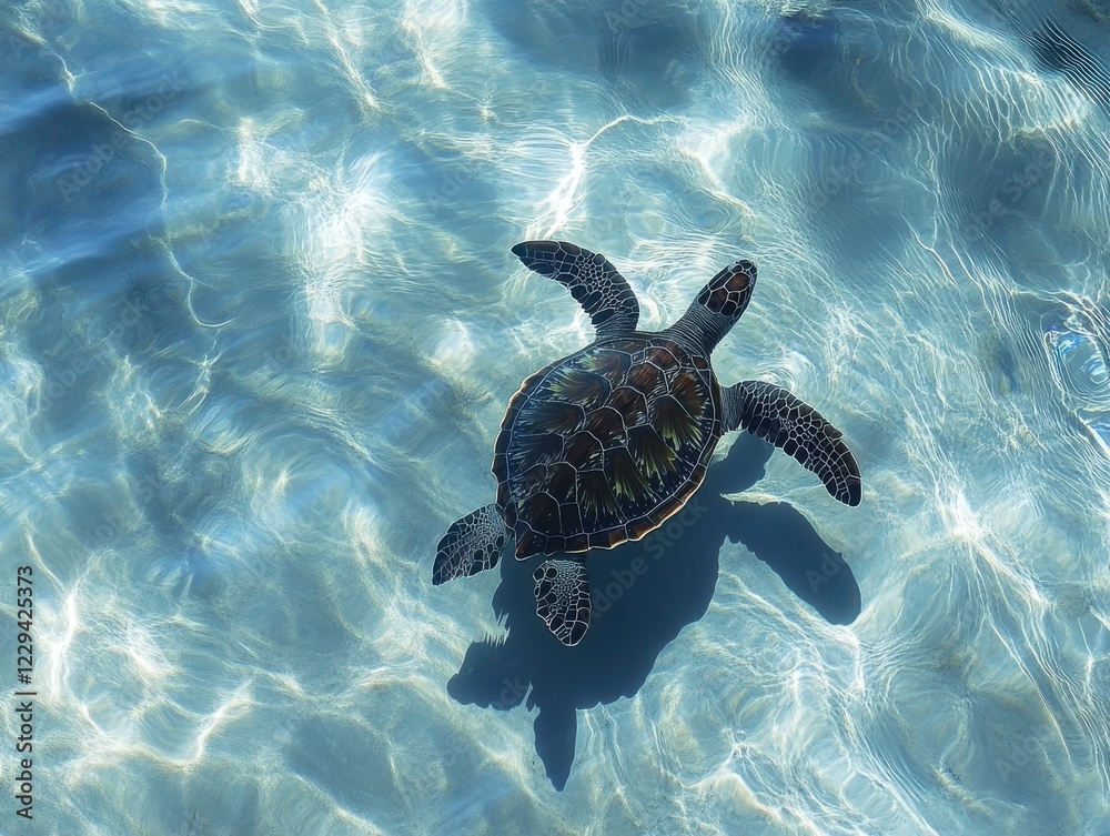 Fototapeta premium Serene Green Sea Turtle Swimming Gracefully Under Clear Blue Water with Soft Sunlight Reflections and Gentle Waves in Tropical Environment