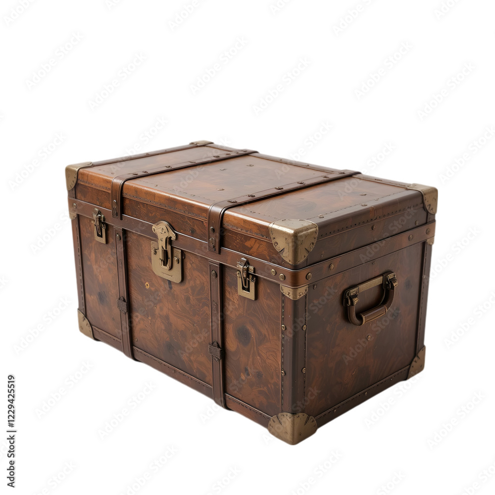 Old wooden chest with metal lock and leather details, vintage travel trunk isolated on white background Old wooden chest with metal lock and leather details, vintage travel trunk isolated on white background