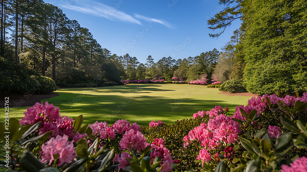 Fototapeta premium wide-angle shot of azalea bushes in full bloom, with some flowers closer and others blurred in the background