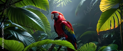 A stunning wildlife scene featuring a vivid scarlet macaw perched prettily among thick leaves photo