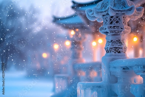 Intricate ice sculpture at the Sapporo Snow Festival with soft lighting and snowflakes in a dreamy winter setting photo