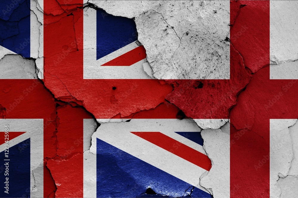 Fototapeta premium Flags of UK and England painted on cracked wall