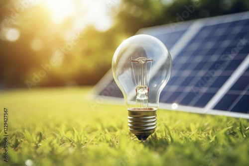 Electric light bulb on grass with photovoltaic solar panel in background. Renewable energy concept. KI generiert, generiert AI generated photo