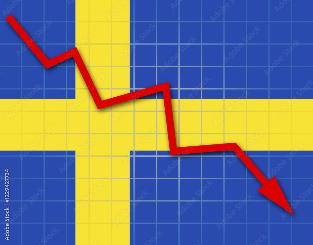 Fototapeta premium The Swedish flag and arrow graph going down