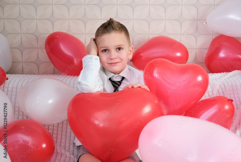 Portrait of sad child with red heart-shaped balloons. Valentine's Day concept. Angel Valentine. Portrait of sad child with red heart-shaped balloons. Valentine's Day concept. Angel Valentine.
