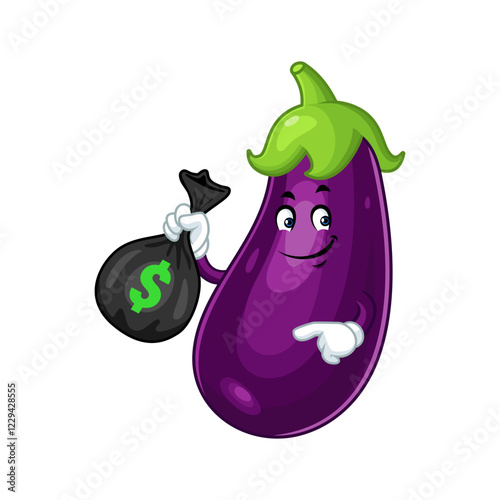 Eggplant Cartoon Character Holding Money Bag.