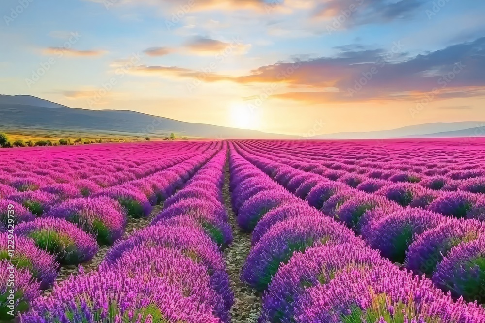 Fototapeta premium Lavender flowers bathed in the golden hues of sunset in Provence, France. A macro image with a shallow depth of field, showcasing beautiful nature