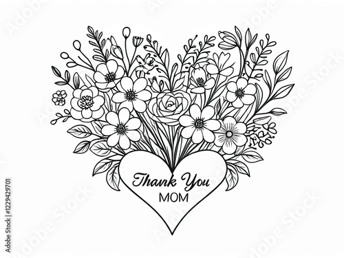  floral heart illustration with intricate flowers, Thank you mom