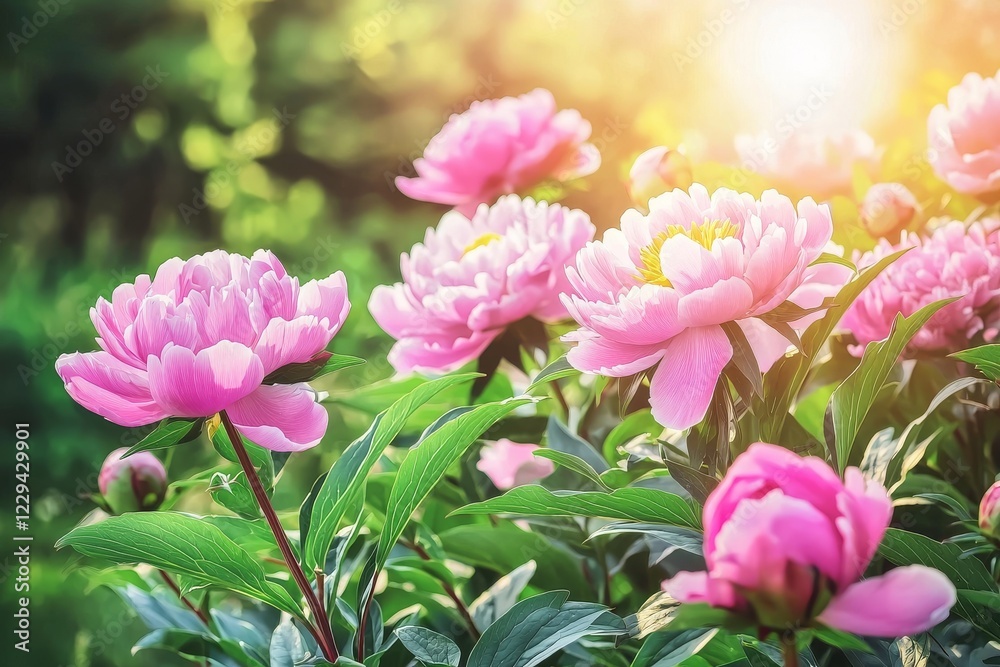 Peony flowers in close-up, with soft focus and a gentle floral backdrop Peony flowers in close-up, with soft focus and a gentle floral backdrop