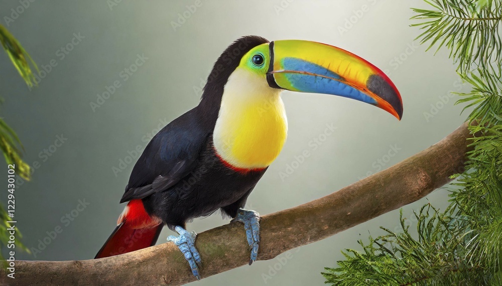 Fototapeta premium KI generated, animal, animals, bird, birds, biotope, habitat, one, individual, rainforest, Costa Rica, perch, perch, branch, tree, fisher toucan, rainbow tulcan, toucans, woodpeckers, (Ramphastos sulfuratus), pepper-eater, Central America