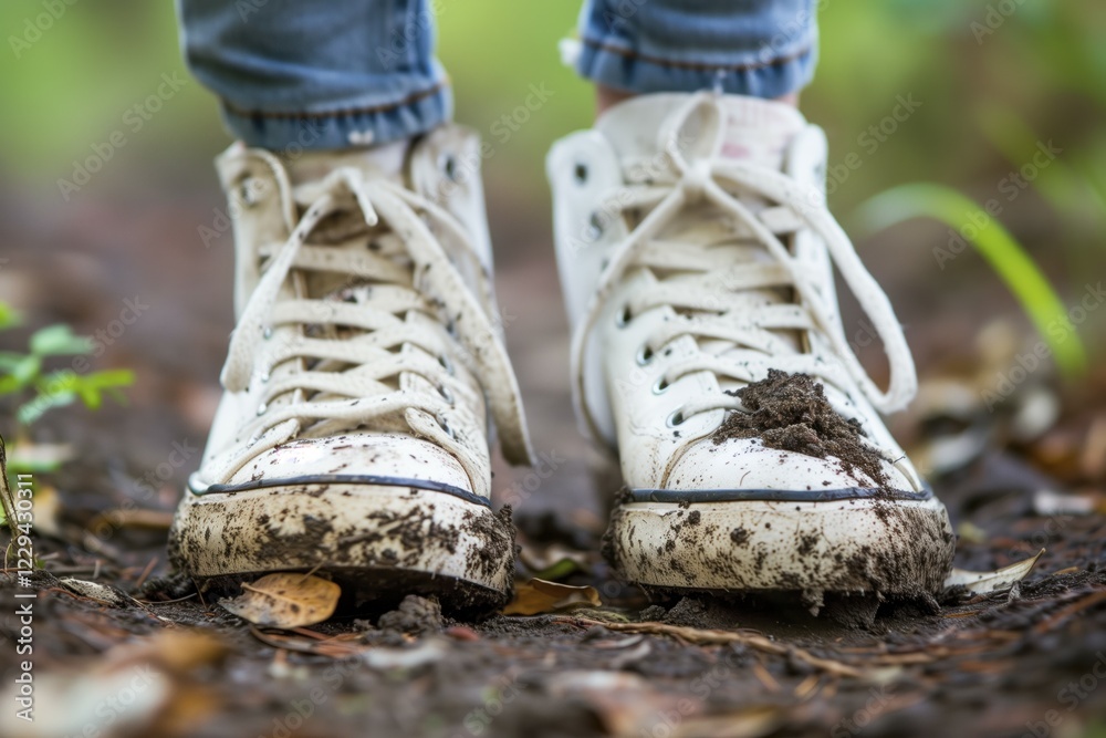 A person has dirty white shoes, sports shoes on and is standing on natural ground in the garden, AI generated, AI generated