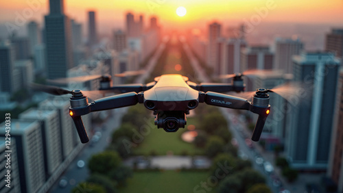 A sleek modern drone soaring over a vibrant urban skyline at sunset, ideal for drone tech ads, real estate promotions, and aerial photography campaigns.