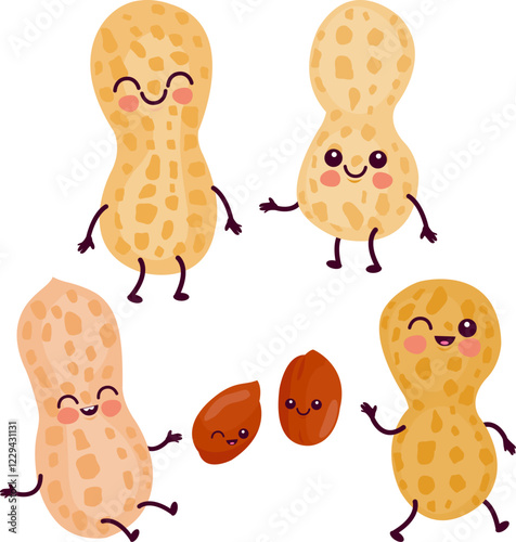 Cute peanut characters. Fresh organic cartoon nuts on white background. Vector illustration set.