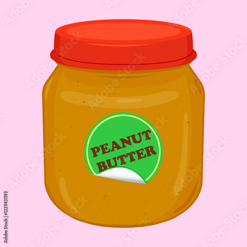 Peanut butter in a jar. Organic butter snack spread made of peanuts. Jar of peanut butter paste with red cap and label sticker with peanut butter text. Vector illustration