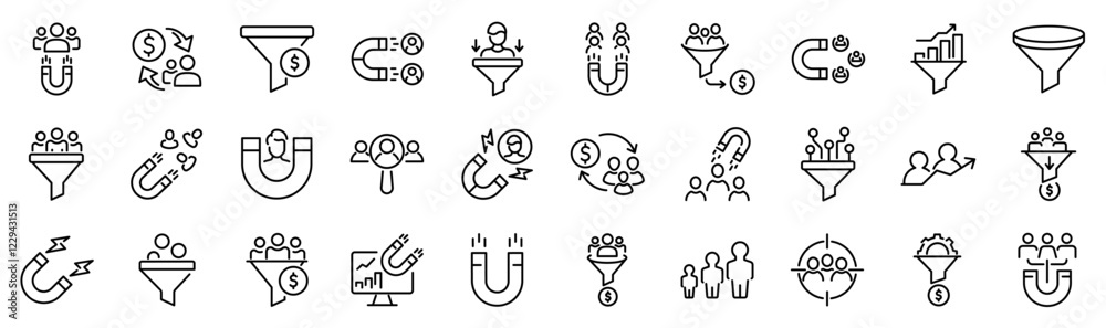 Set of 30 outline icons related to lead generation.  Linear icon collection. Editable stroke. Vector illustration	
