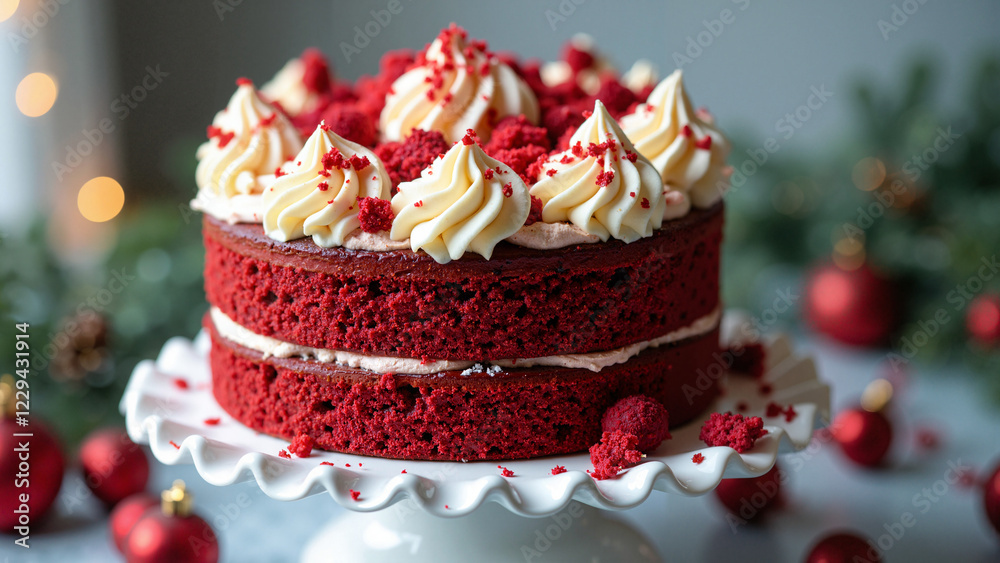 Exquisite Red Velvet Cake on White Stand for Festive Celebrations, Perfect for Baking Blogs, Culinary Magazines, and Holiday Promotions Exquisite Red Velvet Cake on White Stand for Festive Celebrations, Perfect for Baking Blogs, Culinary Magazines, and Holiday Promotions