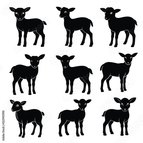 Set of Black silhouette Lamb animal