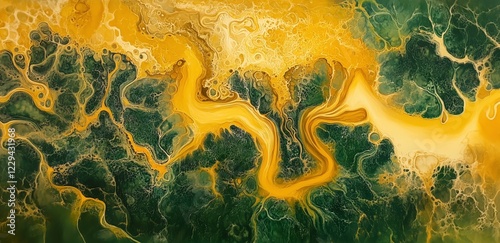 Abstract Fluid Art: Swirls of vibrant green and gold create a mesmerizing abstract landscape, reminiscent of aerial views of rivers and landmasses. photo