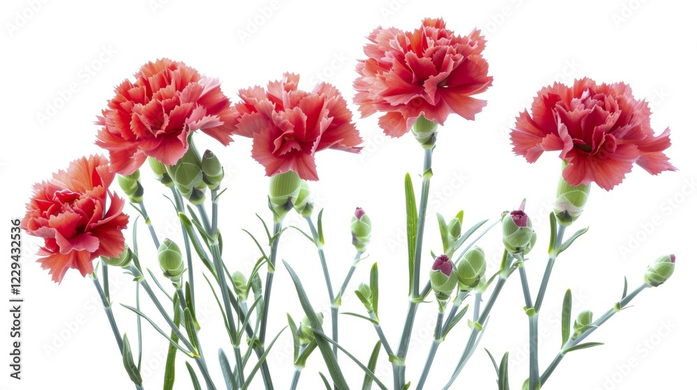 A vibrant bouquet of red carnations in full bloom with green stems and buds on a white background, AI generated A vibrant bouquet of red carnations in full bloom with green stems and buds on a white background, AI generated