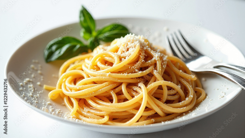 Artfully Twirled Spaghetti in Elegant White Dish with Parmesan and Basil, Perfect for Restaurant Menus, Food Blogs, and Culinary Promotions Artfully Twirled Spaghetti in Elegant White Dish with Parmesan and Basil, Perfect for Restaurant Menus, Food Blogs, and Culinary Promotions