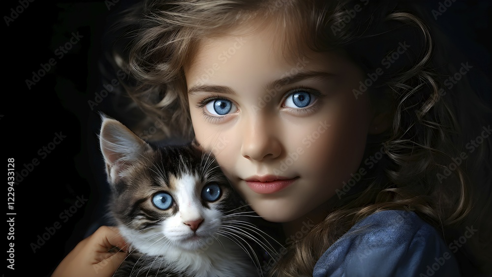 AI generated portrait of a young girl with cute little cat AI generated portrait of a young girl with cute little cat