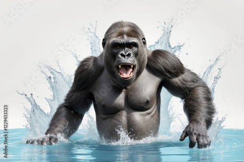 Powerful gorilla emerging from water, splashing. photo