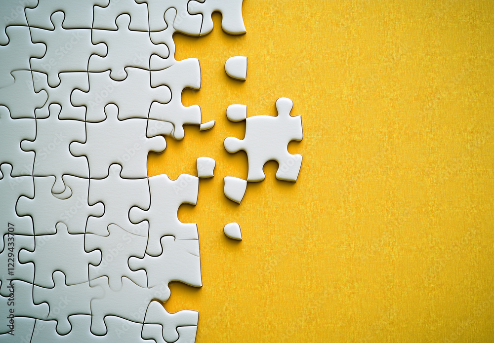 Fototapeta premium Sfondo giallo con pezzi di puzzle bianchi. Spazio per testo o messaggio.