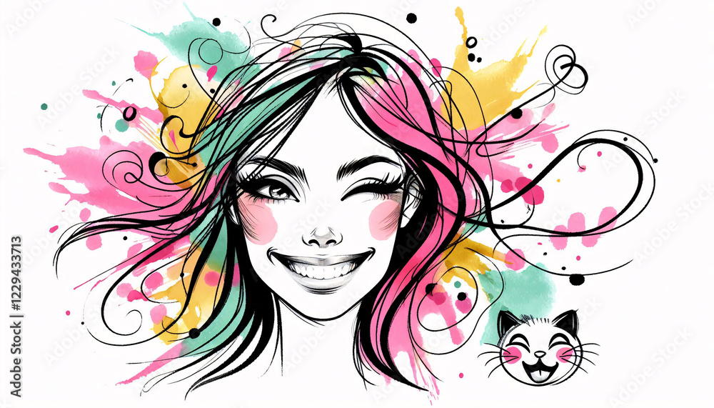 Impish Woman and Cheeky Cat – Playful Portrait with Fun Watercolor Touches Impish Woman and Cheeky Cat – Playful Portrait with Fun Watercolor Touches