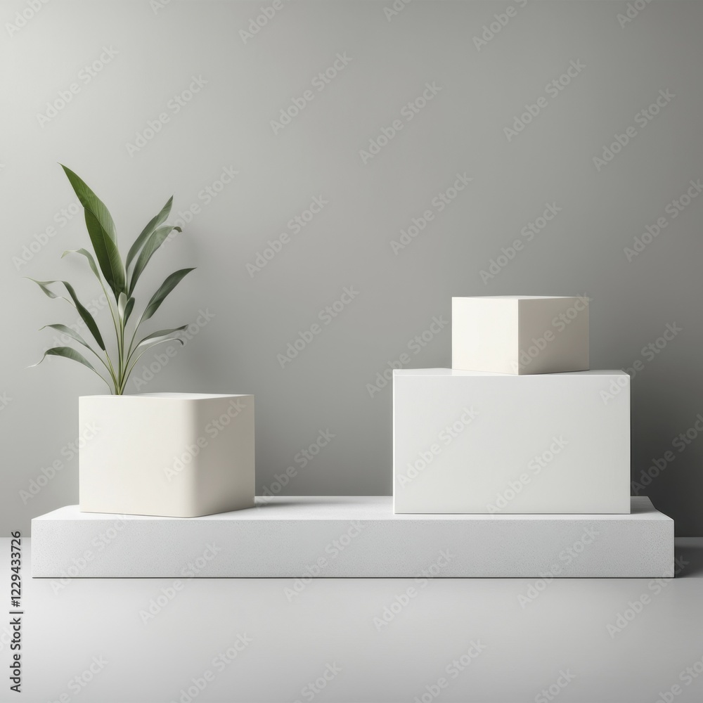 A modern display featuring white and muted-tone geometric shapes with greenery, evoking a minimalist atmosphere, AI generated A modern display featuring white and muted-tone geometric shapes with greenery, evoking a minimalist atmosphere, AI generated