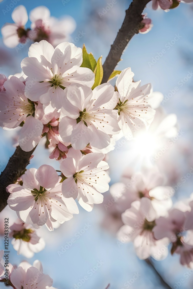 Obraz premium Blooming cherry blossoms with soft pink petals against a clear blue sky, with delicate sunlight filtering through, AI generated