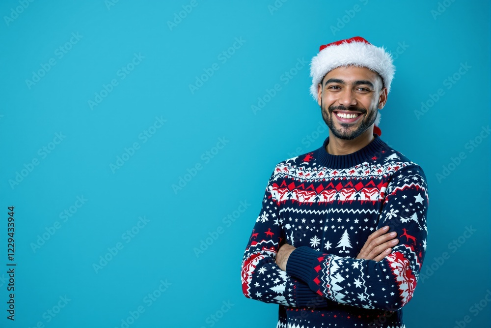Man in a holiday-themed sweater and Santa hat smiling confidently, standing on a bright blue background. Concept of cheerful festive spirit. Ai generative Man in a holiday-themed sweater and Santa hat smiling confidently, standing on a bright blue background. Concept of cheerful festive spirit. Ai generative