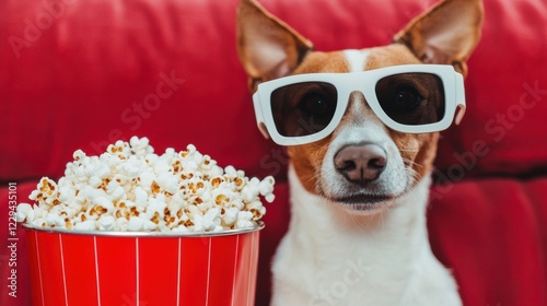Popcorn Lover's Day concept. Adorable Dog Wearing 3D Glasses Next to Popcorn Bucket on Red Sofa