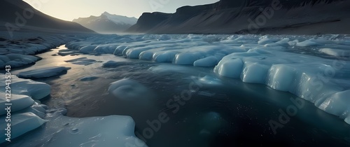 A tranquil image of melting ice gently flowing down a riverbed creating natural beauty photo