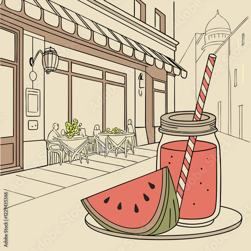  Refreshing Watermelon Smoothie in a Street Café Glass