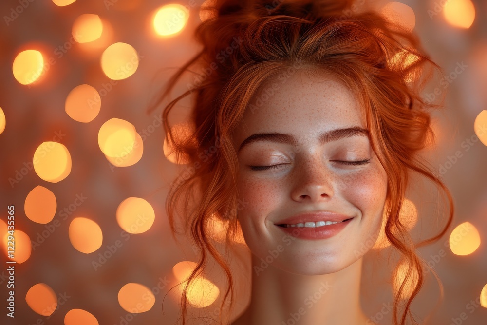 custom made wallpaper toronto digitalYoung woman with red hair smiling softly against a backdrop of warm bokeh lights in a cozy indoor setting
