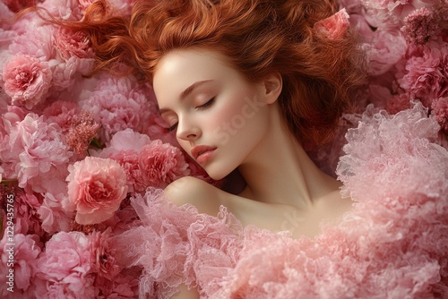 Young woman with red hair resting peacefully among pink flowers in a serene garden setting during daylight hours