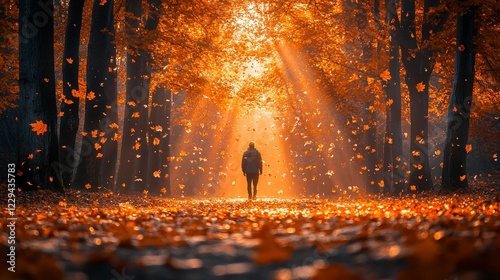 A solitary figure walking through an autumn forest with falling leaves illuminated by golden sunlight beams