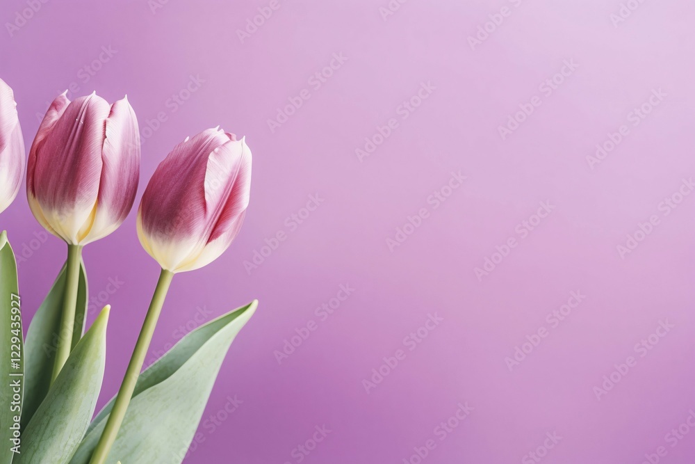 Fototapeta premium Beautiful tulip spring flowers on violet background with copy space. KI generiert, generiert AI generated
