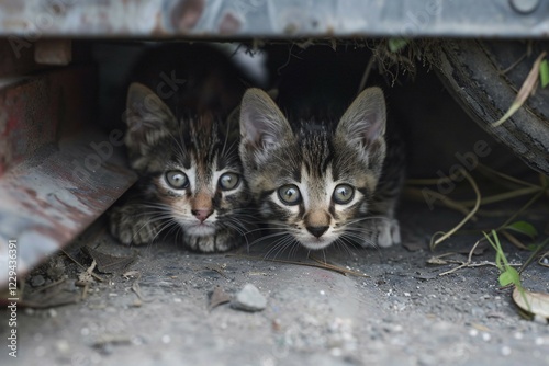 Stray kittens hiding under object. KI generiert, generiert, AI generated