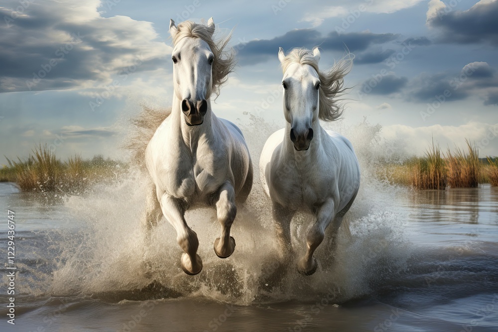 Obraz premium Two white horses running in the water, AI generated